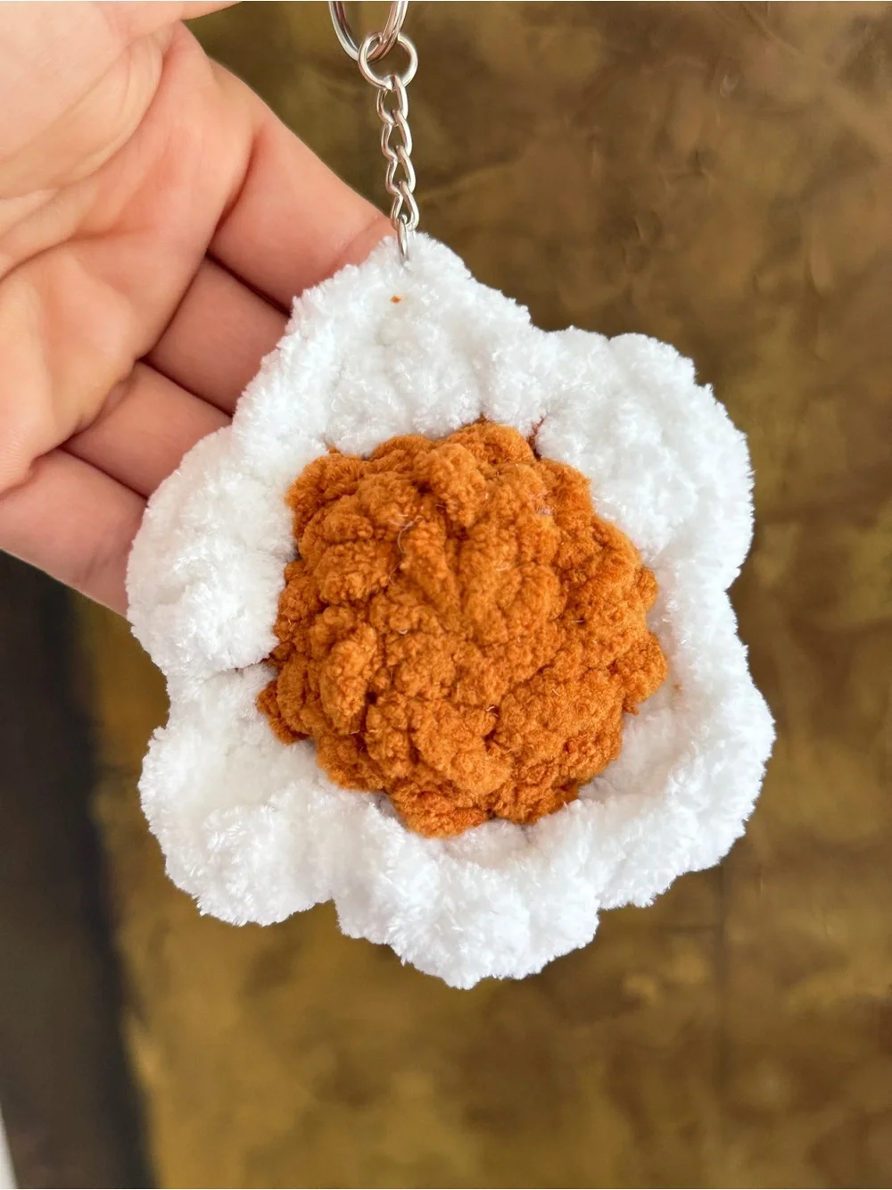 Handmade Crochet Flower Keychain – White & Rust Gold Bag Charm